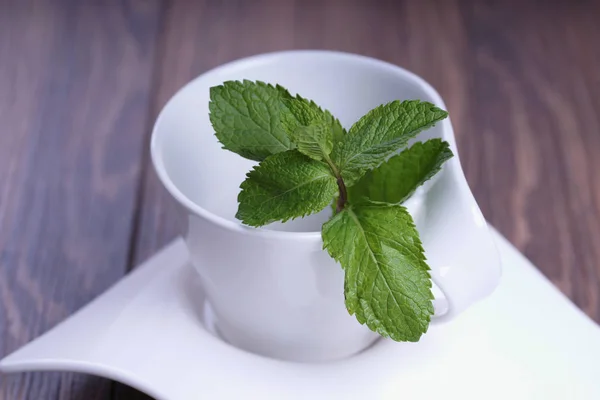 Cangkir Putih Kosong Dengan Setangkai Mint Piring Bergelombang Putih — Stok Foto