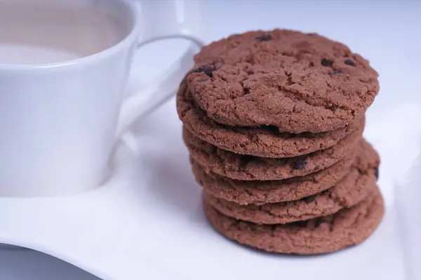 Cup Coffee Stack Chocolate Cookies White Plate — Stock Photo, Image