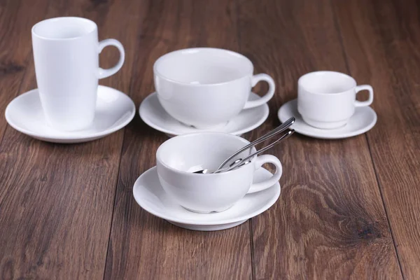 Leerer Weißer Teeservice Holztisch — Stockfoto