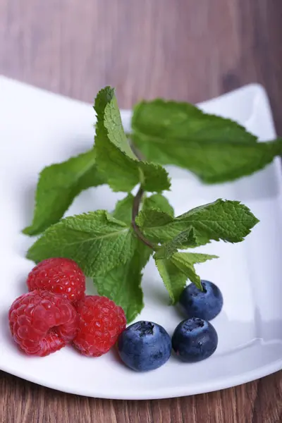 Sprigs Mint Blueberries White Plate Background — 스톡 사진
