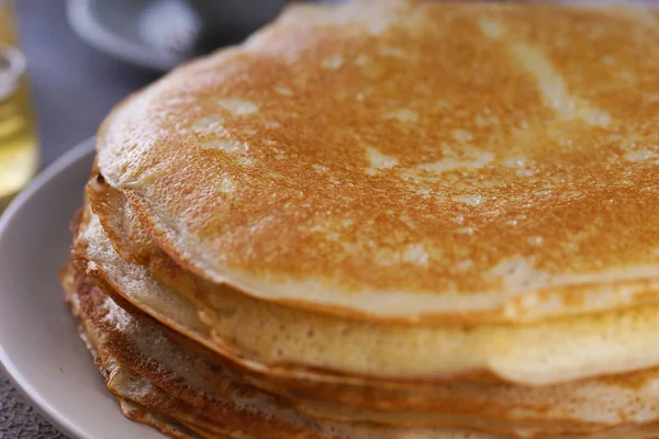 Frühstück Mit Pfannkuchen Auf Strukturiertem Hintergrund — Stockfoto