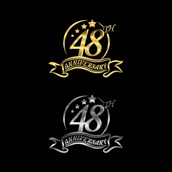 ブラックを基調としたゴールドとシルバーのリングとグラデーションのリボンで 48周年のロゴ スターシェイプを祝います Eps — ストックベクタ