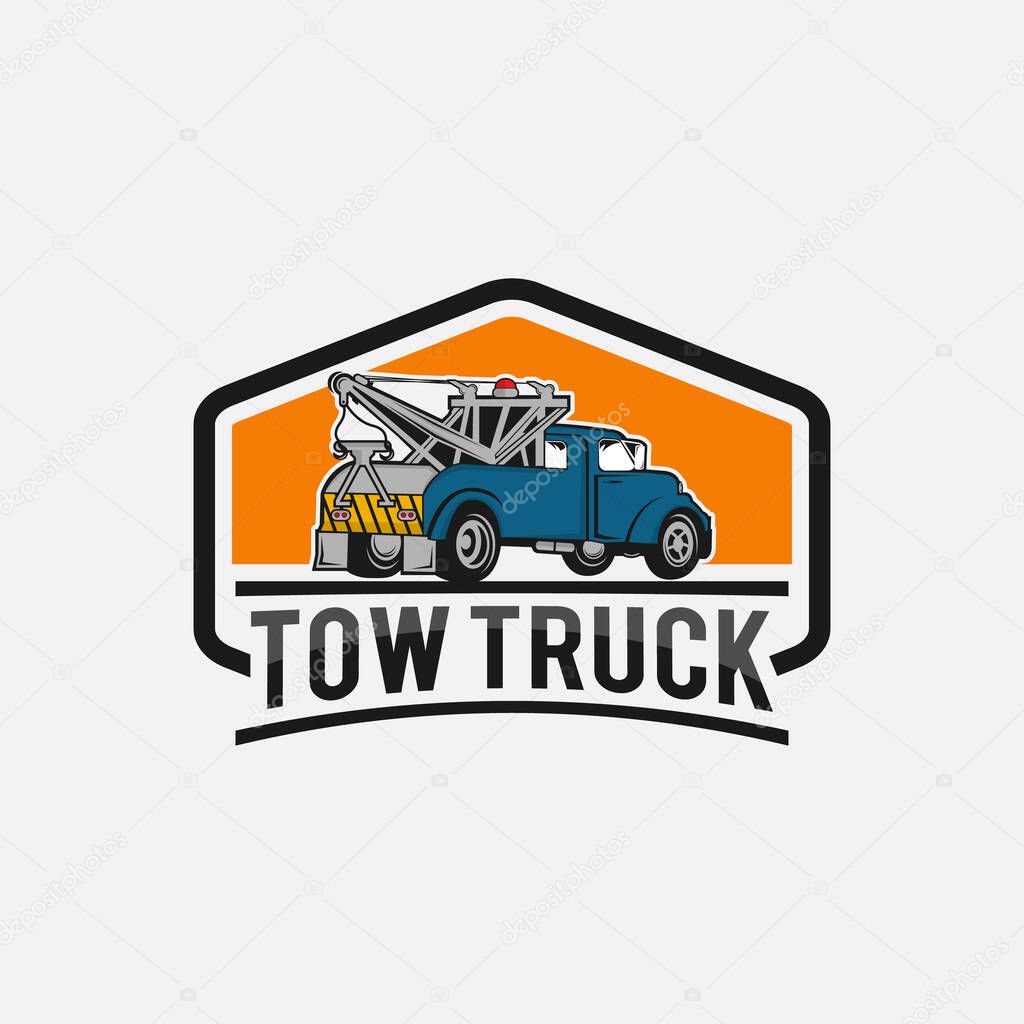Tow truck emblem. Wrecker icon. Round the clock evacuation of cars. Design can be used as a logo, a poster, advertising, signboard. Vector element of graphic design