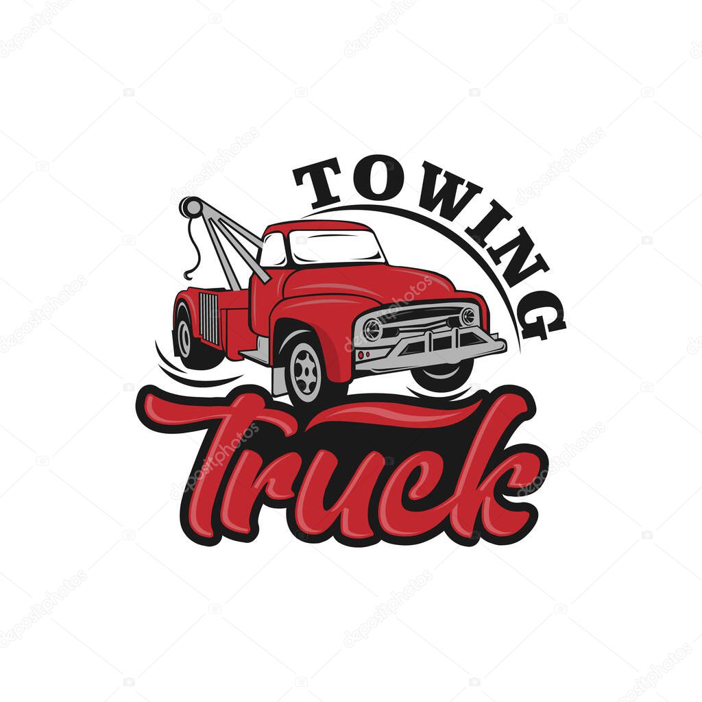 Tow truck emblem. Wrecker icon. Round the clock evacuation of cars. Design can be used as a logo, a poster, advertising, signboard. Vector element of graphic design