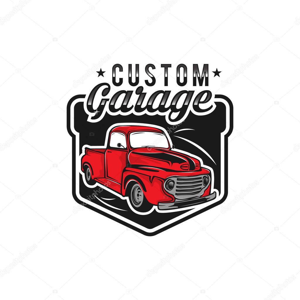 Retro car repair garage sign with retro style truck. Custom restoration shop.EPS 10