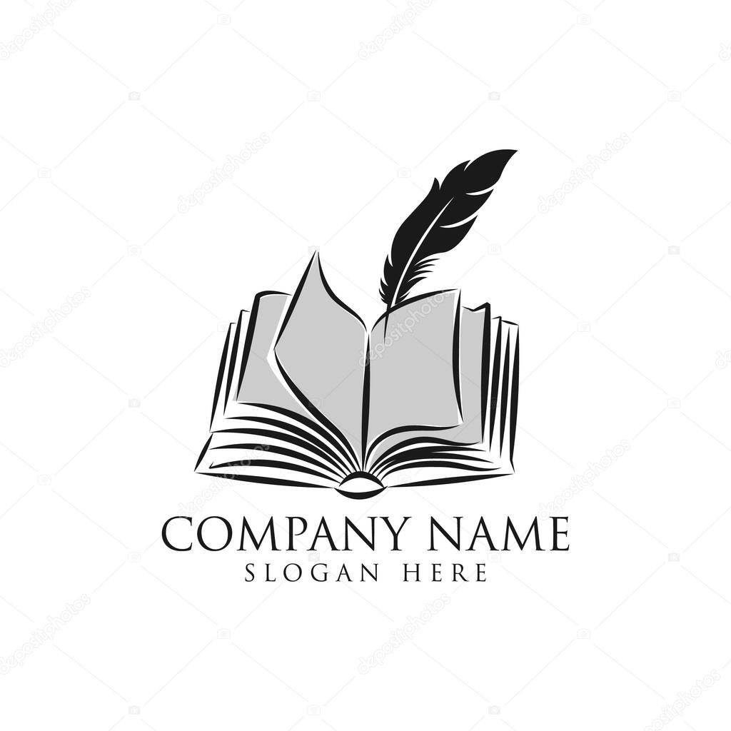 Logo open book with feather. Bookstore icon. Isolated on a white background. Vector illustration.EPS 10