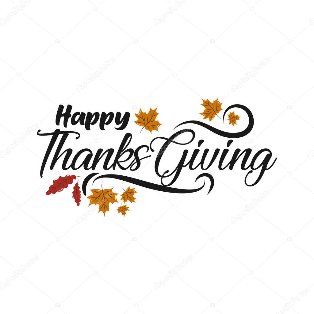 Happy Thanksgiving Calligraphy Text with Illustrated Green Leaves Over White Background, Vector Typography.EPS 10