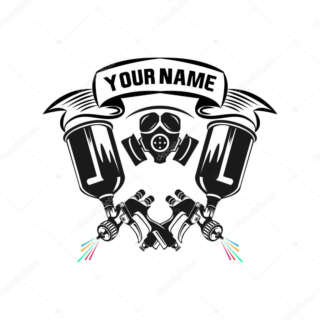Airbrush Master. Specialist in a respirator and glasses with a paint spray gun for car painting. Black silhouette on white background. Vector illustration.