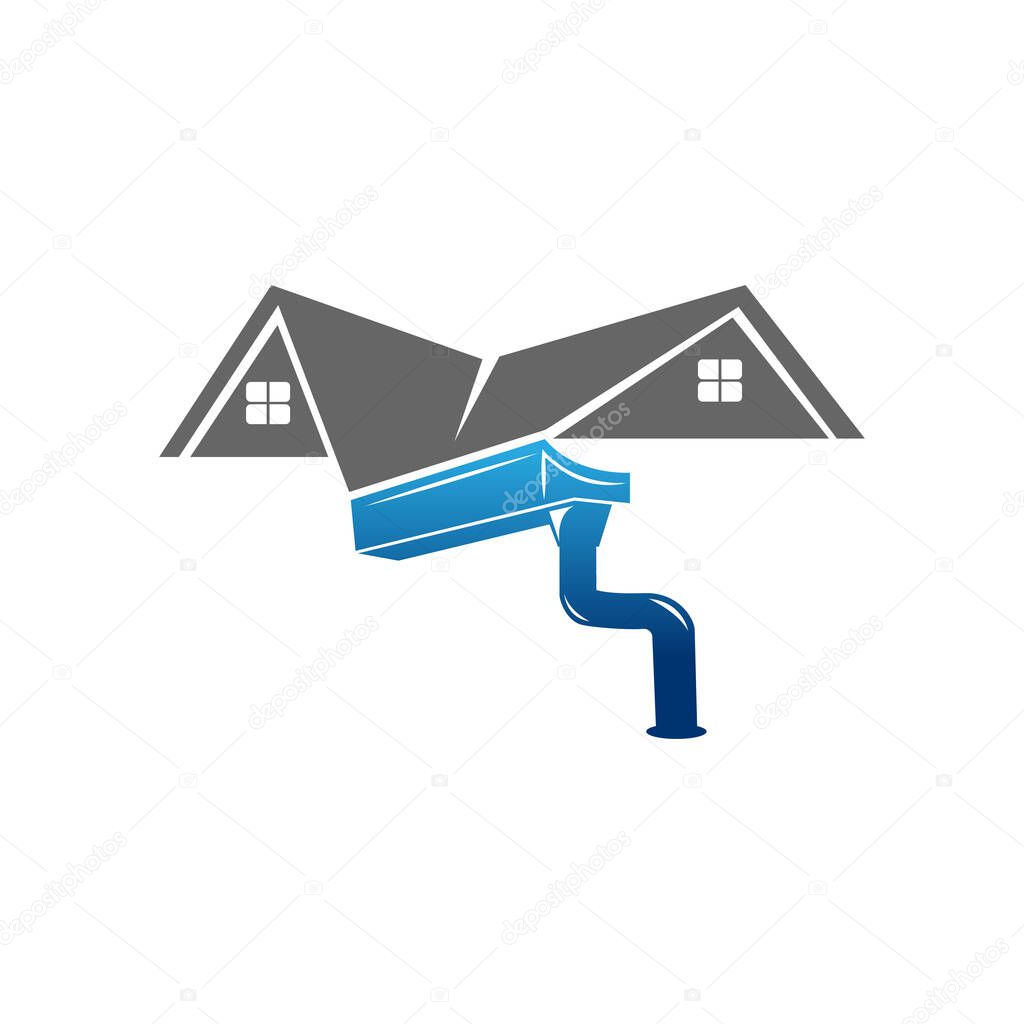Gutter and house roof logo template. Roof downspout vector design. Gutter services logotype.EPS 10