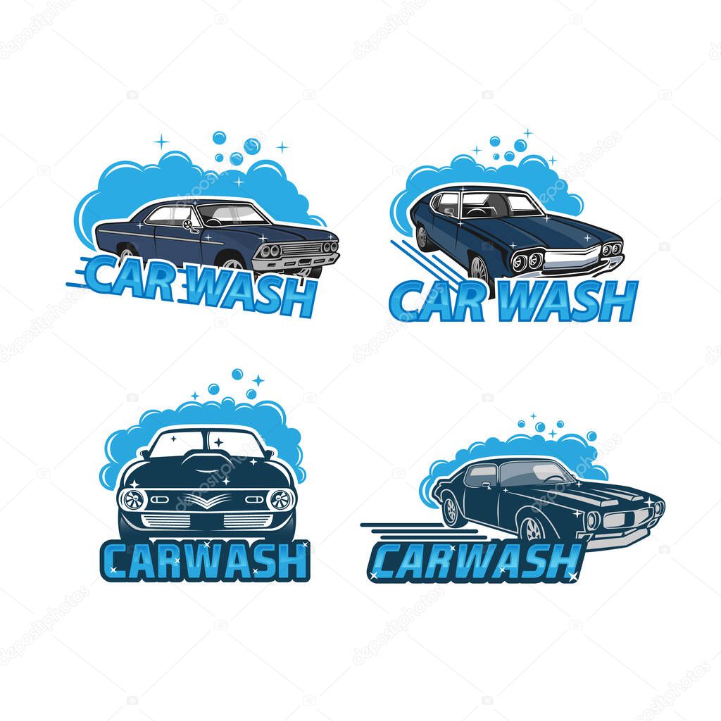set of logos for car washing on a white background. Car logos. Logos of car cleaning. Blue logos of car washing on a white background.EPS 10