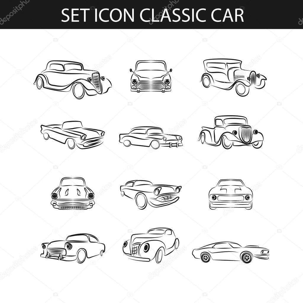 Set of classic car outline logo, emblems, badges and icons. Service car repair, car restoration and car club design elements. Vector.
