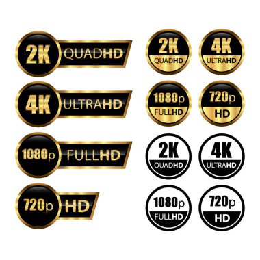 4k ultrahd, 2k quadhd, 1080 fullhd, 720 HD görüntü çözünürlüğü simgesi logosu. TV / Game ekran görüntüleme etiketi. Yüksek çözünürlüklü etiketler, simgeler. HD Hazır, HD, Full HD ve Ultra. Altın