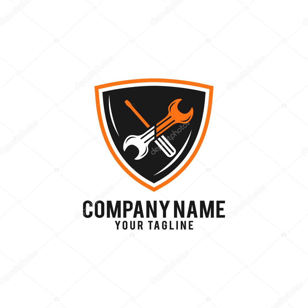 Shield Repair Logo Template Design. Creative Vector Emblem, for Icon or Design Concept.
