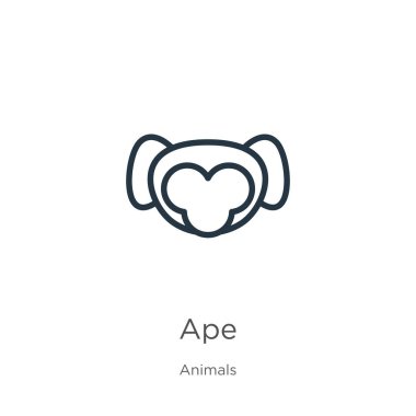 Maymun ikonu. Hayvan koleksiyonundan beyaz arkaplanda izole edilmiş ince doğrusal maymun ana hatları simgesi. Çizgi vektör işareti, ağ ve mobil sembolü