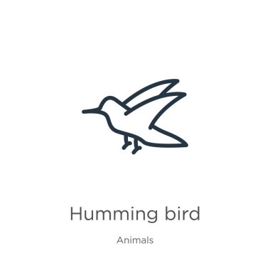 Mırıldayan kuş ikonu. İnce doğrusal uğultulu kuş anahat simgesi beyaz arka planda hayvan koleksiyonundan izole edilmiş. Çizgi vektör işareti, ağ ve mobil sembolü