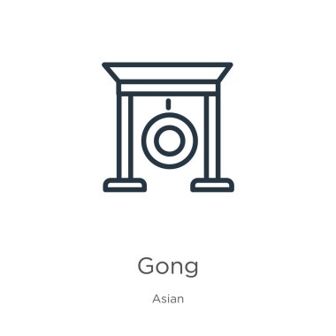 Gong ikonu. Asya koleksiyonundan beyaz arkaplanda izole edilmiş ince doğrusal gong ana hatları simgesi. Çizgi vektör işareti, ağ ve mobil sembolü