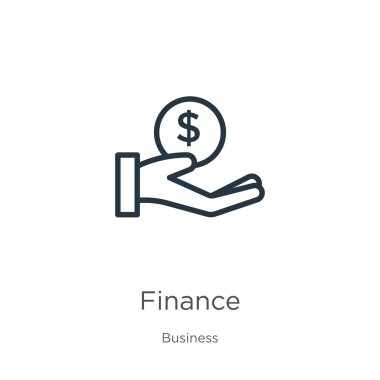 Finans simgesi. İş kolleksiyonundan beyaz arkaplanda izole edilmiş ince doğrusal finans ana hatları simgesi. Çizgi vektör işareti, ağ ve mobil sembolü