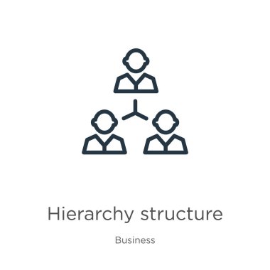 Hiyerarşi yapı simgesi. İş koleksiyonundan izole edilmiş ince doğrusal hiyerarşi yapı ana hatları simgesi. Çizgi vektör işareti, ağ ve mobil sembolü