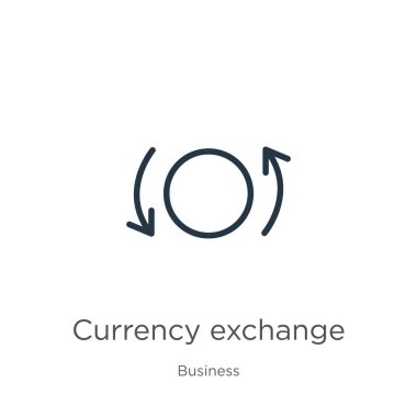 Para değişimi simgesi. İş kolleksiyonundan beyaz arkaplanda izole edilmiş ince çizgisel döviz ana hatları simgesi. Çizgi vektör işareti, ağ ve mobil sembolü