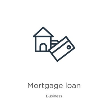 İpotek kredisi ikonu. İnce doğrusal ipotek kredisi taslak simgesi beyaz arka planda iş koleksiyonundan izole edildi. Çizgi vektör işareti, ağ ve mobil sembolü