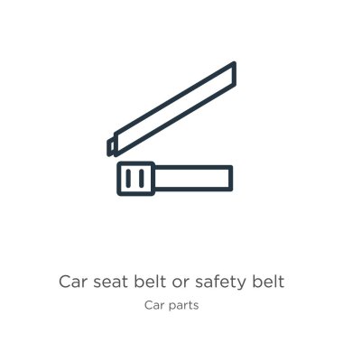 Araba emniyet kemeri ya da emniyet kemeri ikonu. Araba emniyet kemeri ya da emniyet kemeri taslak ikonu araba parçaları koleksiyonundan beyaz arka planda izole edilmiş. Çizgi vektör işareti, ağ ve mobil sembolü