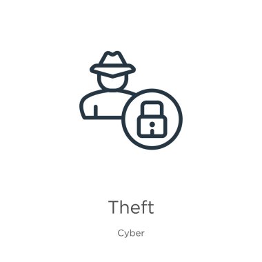 Hırsızlık ikonu. Beyaz arka planda siber koleksiyondan izole edilmiş ince doğrusal hırsızlık ana hatları simgesi. Çizgi vektör işareti, ağ ve mobil sembolü