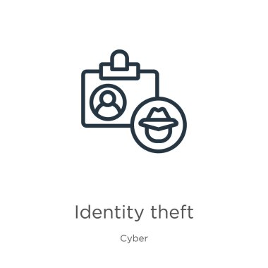 Kimlik hırsızlığı ikonu. İnce doğrusal kimlik hırsızlığı taslak simgesi siber koleksiyondan beyaz arkaplanda izole edildi. Çizgi vektör işareti, ağ ve mobil sembolü