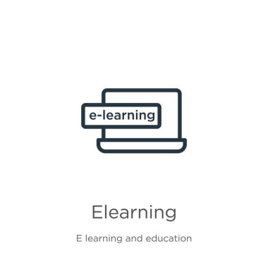 Öğrenme simgesi. Beyaz arkaplanda e-öğrenme koleksiyonundan izole edilmiş ince doğrusal elearning outline simgesi. Çizgi vektör işareti, ağ ve mobil sembolü