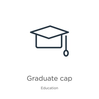 Mezuniyet şapkası ikonu. Eğitimden beyaz arkaplanda izole edilmiş ince doğrusal mezuniyet başlığı ana hatları simgesi. Çizgi vektör işareti, ağ ve mobil sembolü