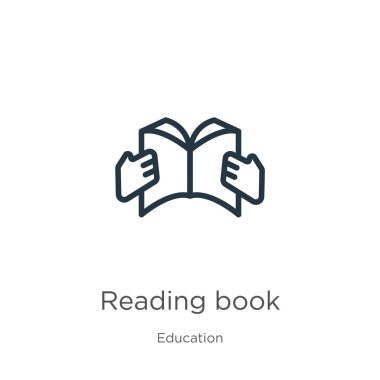 Kitap ikonu okunuyor. Eğitim koleksiyonundan izole edilmiş ince doğrusal kitap özeti simgesi. Çizgi vektör işareti, ağ ve mobil sembolü