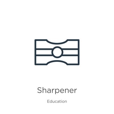 Keskinleştirici simgesi. İnce doğrusal keskinleştirici taslak simgesi, beyaz arkaplanda eğitim koleksiyonundan izole edilmiştir. Çizgi vektör işareti, ağ ve mobil sembolü