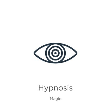 Hipnoz ikonu. İnce doğrusal hipnoz anahat ikonu beyaz arka planda izole edilmiş sihirli koleksiyon. Çizgi vektör işareti, ağ ve mobil sembolü