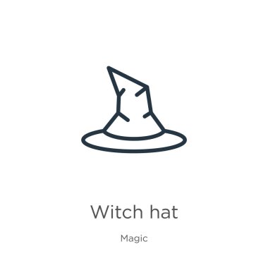 Cadı şapkası ikonu. Sihir koleksiyonundan beyaz arkaplanda izole edilmiş ince çizgisel cadı şapkası ana hatları ikonu. Çizgi vektör işareti, ağ ve mobil sembolü