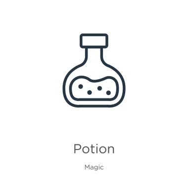 İksir ikonu. Sihir koleksiyonundan beyaz arkaplanda izole edilmiş ince doğrusal iksir ana hatları simgesi. Çizgi vektör işareti, ağ ve mobil sembolü