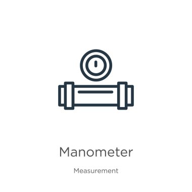 Manometre simgesi. İnce doğrusal manometre ana hatları simgesi, ölçüm koleksiyonundan beyaz arkaplanda izole edildi. Çizgi vektör işareti, ağ ve mobil sembolü