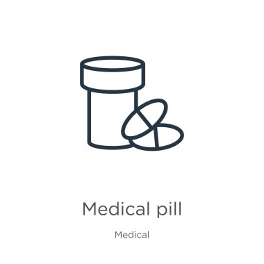 Tıbbi hap ikonu. Medikal koleksiyondan beyaz arka planda izole edilmiş ince doğrusal tıbbi hap ana hatları ikonu. Çizgi vektör işareti, ağ ve mobil sembolü