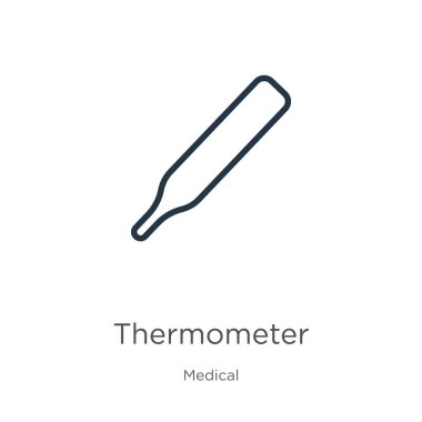 Termometre simgesi. Tıbbi koleksiyondan beyaz arkaplanda izole edilmiş ince doğrusal termometre dış hat ikonu. Çizgi vektör işareti, ağ ve mobil sembolü