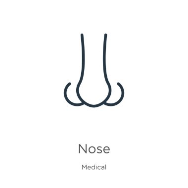 Burun simgesi. Tıbbi koleksiyondan beyaz arkaplanda izole edilmiş ince doğrusal burun çizgisi ikonu. Çizgi vektör işareti, ağ ve mobil sembolü