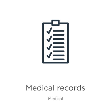 Tıbbi kayıtlar ikonu. Tıbbi kayıtların incecik doğrusal ana hatları beyaz arka planda tıbbi koleksiyondan izole edilmiş. Çizgi vektör işareti, ağ ve mobil sembolü