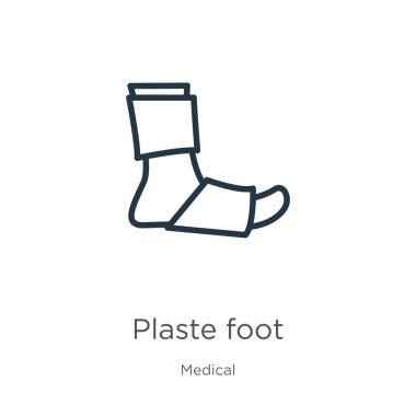 Alçılı ayak ikonu. Tıbbi koleksiyondan beyaz arka planda izole edilmiş ince çizgisel ayak izi ikonu. Çizgi vektör işareti, ağ ve mobil sembolü