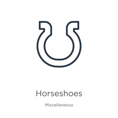 At nalı ikonu. İnce doğrusal at nalı taslak simgesi beyaz arkaplanda çeşitli koleksiyonlardan izole edilmiş. Çizgi vektör işareti, ağ ve mobil sembolü