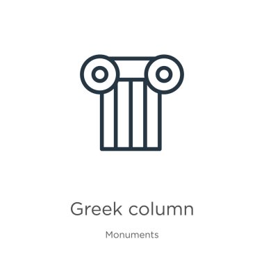 Yunan sütun simgesi. İnce doğrusal Yunan sütunu ana hatları beyaz arkaplanda anıt koleksiyonundan izole edilmiş. Çizgi vektör işareti, ağ ve mobil sembolü
