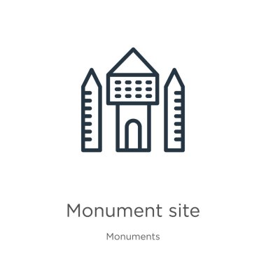 Anıt alanı simgesi. İnce doğrusal anıt sitesi ana hatları beyaz arkaplandaki anıt koleksiyonundan izole edilmiş. Çizgi vektör işareti, ağ ve mobil sembolü