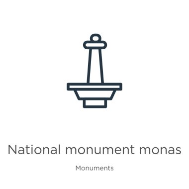 Ulusal anıt monas ikonu. İnce doğrusal ulusal anıt monas anahat simgesi beyaz arkaplanda anış koleksiyonundan izole edilmiş. Çizgi vektör işareti, ağ ve mobil sembolü