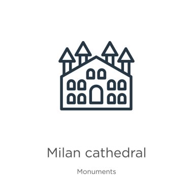 Milan katedral ikonu. İnce doğrusal milan katedrali ana hatları simgesi anıt koleksiyonundan beyaz arka planda izole edildi. Çizgi vektör işareti, ağ ve mobil sembolü