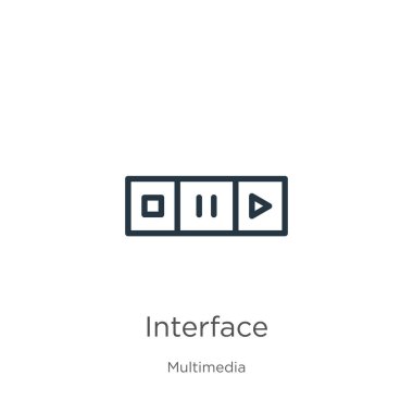 Arayüz simgesi. Multimedya koleksiyonundan beyaz arkaplanda izole edilmiş ince doğrusal arayüz ana hatları simgesi. Çizgi vektör işareti, ağ ve mobil sembolü