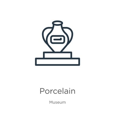 Porselen ikonu. Müze koleksiyonundan beyaz arkaplanda izole edilmiş ince doğrusal porselen taslak ikonu. Çizgi vektör işareti, ağ ve mobil sembolü