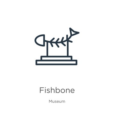 Balık kemiği ikonu. Müze koleksiyonundan beyaz arkaplanda izole edilmiş ince doğrusal balık kemiği taslak ikonu. Çizgi vektör işareti, ağ ve mobil sembolü