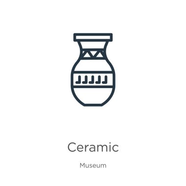 Seramik simge. Müze koleksiyonundan beyaz arkaplanda izole edilmiş ince seramik taslak ikonu. Çizgi vektör işareti, ağ ve mobil sembolü