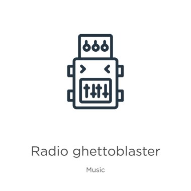 Radyo ghettoblaster ikonu. Müzik koleksiyonundan izole edilmiş ince doğrusal radyo ghettoblaster ana hatları simgesi. Çizgi vektör işareti, ağ ve mobil sembolü